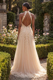 Halter Blush A Line Corset 3D Flowers Tulle Long Formal Dress with Slit