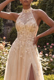 Halter Blush A Line Corset 3D Flowers Tulle Long Formal Dress with Slit