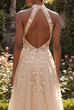 Halter Blush A Line Corset 3D Flowers Tulle Long Formal Dress with Slit