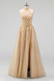 Halter Blush A Line Corset 3D Flowers Tulle Long Formal Dress with Slit
