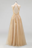 Halter Blush A Line Corset 3D Flowers Tulle Long Formal Dress with Slit
