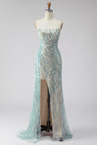 Sparkly Blue Strapless Sheath Sequin Long Prom Dress with Slit
