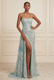 Sparkly Blue Strapless Sheath Sequins Long Prom Dress with Slit