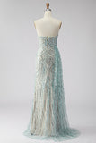 Sparkly Blue Strapless Sheath Sequin Long Prom Dress with Slit