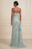 Sparkly Blue Strapless Sheath Sequins Long Prom Dress with Slit
