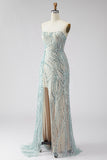 Sparkly Blue Strapless Sheath Sequin Long Prom Dress with Slit