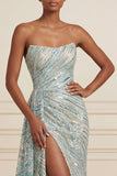 Sparkly Blue Strapless Sheath Sequins Long Prom Dress with Slit