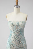 Sparkly Blue Strapless Sheath Sequin Long Prom Dress with Slit