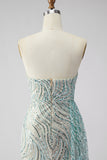 Sparkly Blue Strapless Sheath Sequin Long Prom Dress with Slit