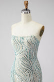 Sparkly Blue Strapless Sheath Sequin Long Prom Dress with Slit