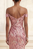 Sparkly Off the Shoulder Pink Mermaid Sequins Long Prom Dress