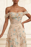 Off the Shoulder Champagne A-Line Corset Appliqued Long Prom Dress