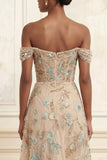 Off the Shoulder Champagne A-Line Corset Appliqued Long Prom Dress