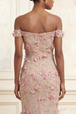 Off the Shoulder Pink Mermaid Floral Long Prom Dress with 3D Flowers