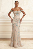 Off the Shoulder Champagne Mermaid Long Prom Dress with Sequins