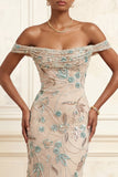 Off the Shoulder Champagne Mermaid Long Prom Dress with Sequins