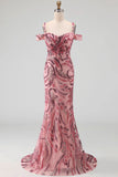 Sparkly Mermaid Tulle Cold Shoulder Pink Sequins Long Prom Dress with Neck Scarf