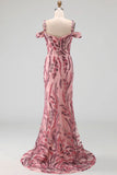 Sparkly Mermaid Tulle Cold Shoulder Pink Sequins Long Prom Dress with Neck Scarf