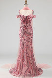 Sparkly Mermaid Tulle Cold Shoulder Pink Sequins Long Prom Dress with Neck Scarf