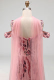 Sparkly Mermaid Tulle Cold Shoulder Pink Sequins Long Prom Dress with Neck Scarf