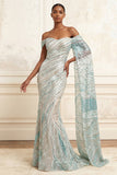 Sparkly Mermaid Blue Off the Shoulder Sequins Long Prom Dress with Side Cape