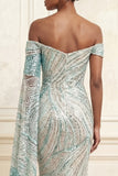 Sparkly Mermaid Blue Off the Shoulder Sequins Long Prom Dress with Side Cape