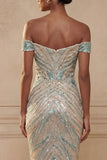 Sparkly Off the Shoulder Mermaid Blue Sequins Long Prom Dress