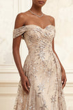 Sparkly Off the Shoulder Tulle Mermaid Champagne Ruched Long Prom Dress with Sequins