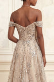 Sparkly Off the Shoulder Tulle Mermaid Champagne Ruched Long Prom Dress with Sequins
