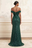 Sparkly Dark Green Mermaid Off the Shoulder Ruched Sequins Long Prom Dress with Slit