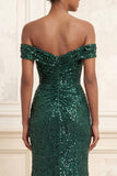 Sparkly Dark Green Mermaid Off the Shoulder Ruched Sequins Long Prom Dress with Slit