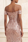 Sparkly Blush Off the Shoulder Mermaid Sequins Ruched Long Prom Dress with Slit
