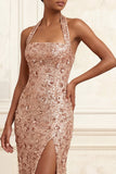 Sparkly Halter Neck Mermaid Blush Sequins Ruched Long Prom Dress with Slit