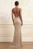 Sparkly Mermaid Champagne Halter Neck Sequins Ruched Long Prom Dress