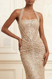 Sparkly Mermaid Champagne Halter Neck Sequins Ruched Long Prom Dress