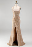 Sparkly Mermaid Champagne Halter Ruched Sequins Long Formal Dress with Slit