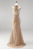 Sparkly Mermaid Champagne Halter Ruched Sequins Long Formal Dress with Slit