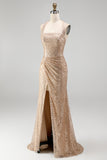 Sparkly Mermaid Champagne Halter Ruched Sequins Long Formal Dress with Slit