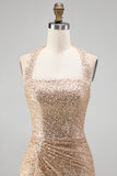 Sparkly Mermaid Champagne Halter Ruched Sequins Long Formal Dress with Slit