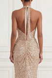 Sparkly Mermaid Champagne Halter Neck Ruched Sequins Long Prom Dress with Slit