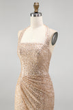 Sparkly Mermaid Champagne Halter Ruched Sequins Long Formal Dress with Slit