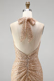 Sparkly Mermaid Champagne Halter Ruched Sequins Long Formal Dress with Slit