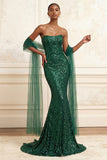 Sparkly Dark Green Mermaid Strapless Sequins Long Prom Dress with Cape