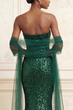 Sparkly Dark Green Mermaid Strapless Sequins Long Prom Dress with Cape