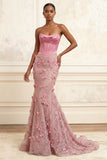 Mermaid Pink Strapless Corset Basque Waist Long Formal Dress with 3D Flowers