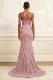 Mermaid Pink Strapless Corset Basque Waist Long Formal Dress with 3D Flowers