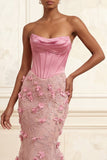 Mermaid Pink Strapless Corset Basque Waist Long Formal Dress with 3D Flowers
