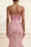 Mermaid Pink Strapless Corset Basque Waist Long Formal Dress with 3D Flowers