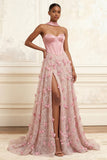 A-Line Pink Sweetheart Corset Long Floral Formal Dress with Slit