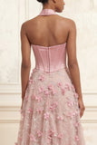 A-Line Pink Sweetheart Corset Long Floral Formal Dress with Slit